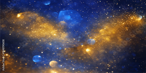 A dark abstract nebula glows with bright blue light across a vast starry night sky, featuring a cosmic galaxy and distant planets within the outer space universe