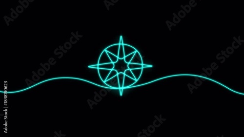Video. Continuous neon linear compass. One line compass icon. Animation on a black background 4K.