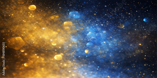 Abstract galaxy background featuring cosmic particles and luminous water drops scattered across a deep blue starfield nebula in the dark night sky