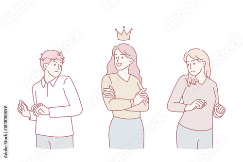 Jealous colleagues envy successful female coworker with crown on head. Confident motivated businesswoman make business partners angry. Rivalry and competition. Vector illustration.
