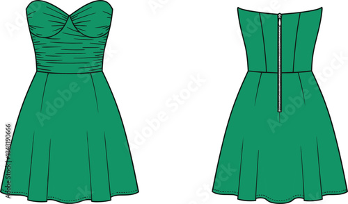 Green strapless sweetheart neckline ruched bodice flared skirt dress front and back vector