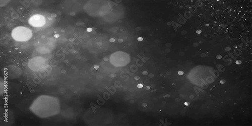 Shiny blue water drops fall on a dark window and winter street under a magic night sky with glowing Christmas stars and snowflake textures