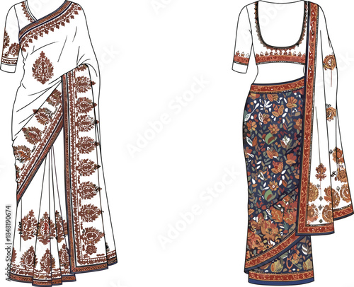 White and patterned Indian sari with blouse and draped fabric Indian clothing ethnic wear