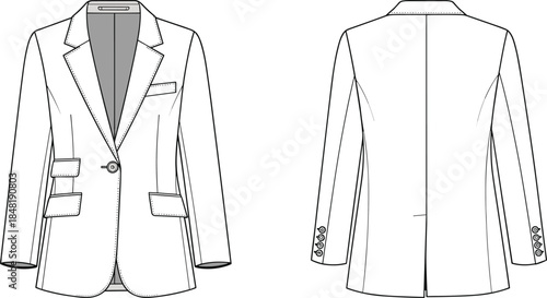 White womens blazer front and back flat fashion sketch jacket womenswear