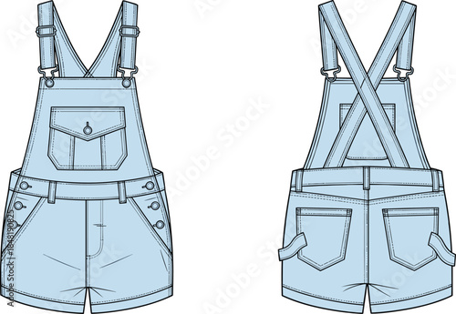 Light blue denim short overalls front and back views flat sketch shorts dungarees