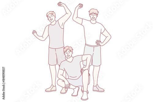 Athletes and sport lifestyle concept. group of young smiling strong men standing sitting showing biceps after workout vector illustration