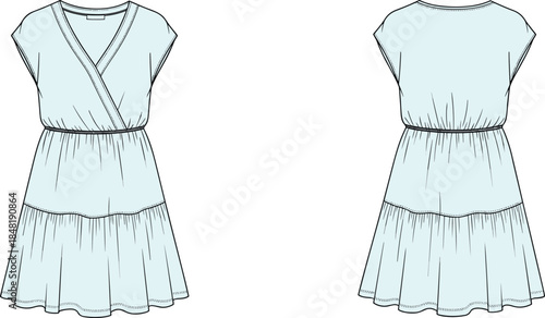 Light blue short sleeve wrap dress front and back fashion flat sketch clothing apparel