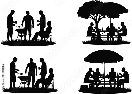 Silhouettes of men at a barbecue and picnic under a tree and umbrella grilling