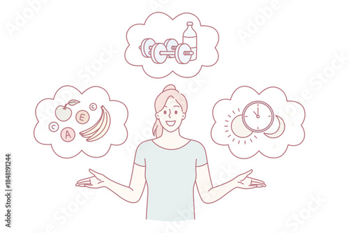 Healthy lifestyle and ration concept. Young positive pretty woman standing with healthy foods workout dumbbels and sleeping time schedule vector illustration
