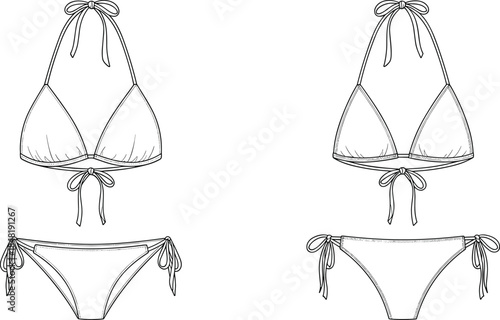 Two black and white line art drawings of a bikini set swimwear swimsuit