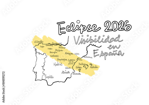 Fotografía Mapa del eclipse solar total en España el 12 de agosto de 2026 mostrando la franja de totalidad, trayectoria de la umbra y zonas de visibilidad astronómica para turismo y educación