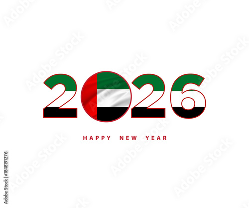 “2026” with UAE flag styling and “HAPPY NEW YEAR” text, symbolizing national pride and celebration.	