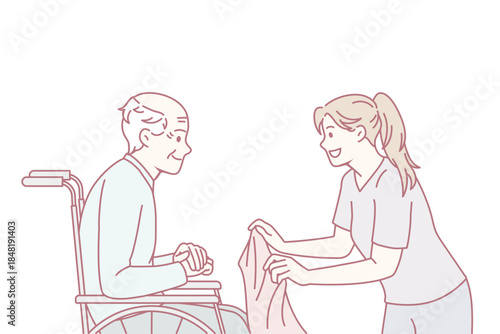 Caring female nurse cover sick old male patient sitting in wheelchair cure in hospital. Attentive caregiver help mature elderly grandfather in retirement or nursing home. Flat vector illustration.