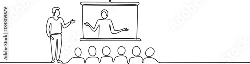 One continuous line drawing of someone presenting in front of an audience vector illustration. one line Art icon drawing