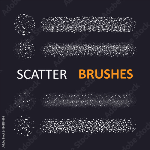 Vector scatter brushes set with textured spray particles, abstract grain dots and noise strokes for digital illustration, modern graphic design, posters