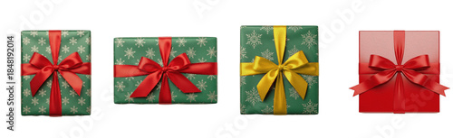 Green and Red Gift Box isolated on white, Christmas present with ribbon and bow top view, holiday surprise wrapping, set of 4