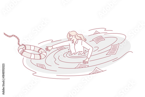 Business crisis and helping hand concept. Stressed business woman drowning in water of her business trying to reach for lifebuoy vector illustration