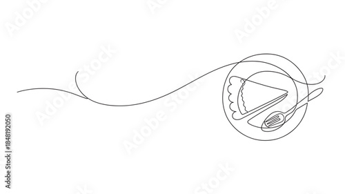 Minimalist one line drawing of cake slice with fork and plate silhouette on transparent background