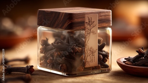 Transparent glass jar contains whole cloves with a wooden lid, set on a rustic wooden table, highlighting the natural textures and rich colors of spices