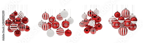 Red and White Christmas Baubles Ornament isolated on white background, festive hanging holiday decorations with snowflake patterns, set of 4