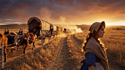 Pioneer woman observes wagon train pulled by oxen through golden prairie at sunset