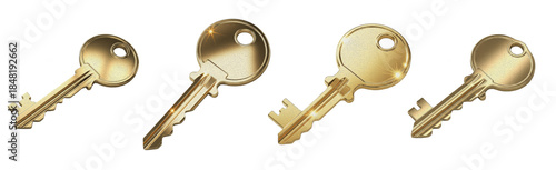 Gold Key Clavis isolated on white, metallic golden house keys set, security access privacy safety unlock solution, 3D render collection