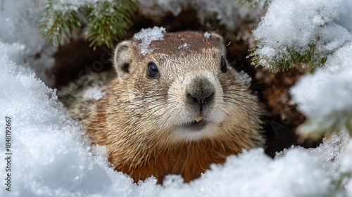 A small, furry groundhog emerges from its snowy burrow, its dark eyes curious and alert, snow resting atop its head, capturing the essence of winter wildlife.