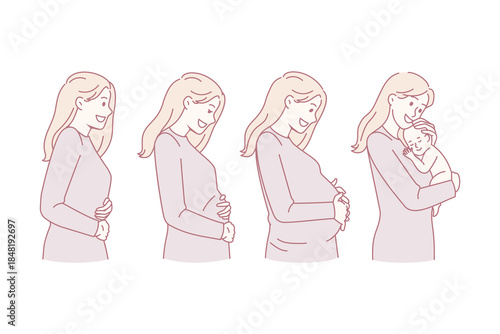 Happy young Caucasian woman in different stages of pregnancy. Smiling female before, during and after childbirth. Maternity and fertility concept. Mother and baby. Flat vector illustration.