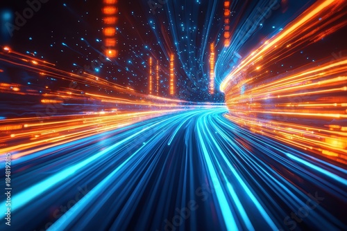 Dynamic light streaks creating a futuristic tunnel effect, with vibrant blue and fiery orange energy lines symbolizing high-speed data transfer and hyper-connectivity.