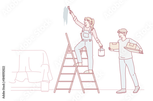 Happy couple do home renovation or decoration together. Smiling man and woman paint walls decorate repair house or apartment. Interior design concept. Vector illustration, cartoon character.