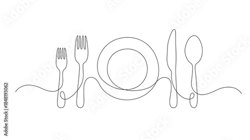 Minimalist line art of cutlery and plate on transparent background silhouette