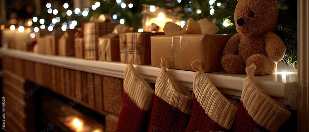 Obraz premium Red stockings hang by the fireplace while a beautifully decorated Christmas tree stands next to neatly wrapped gifts on the floor