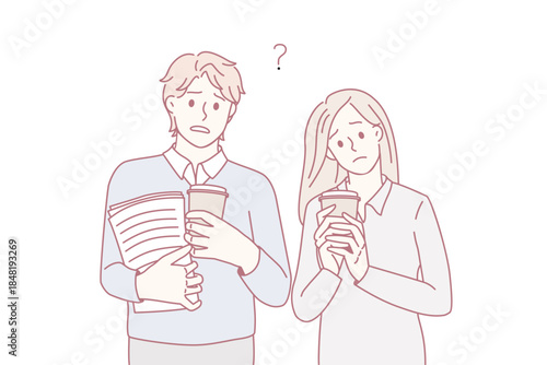Stressed students with coffee to go and paperwork feel frustrated with exam preparation. Unhappy colleagues distressed with work deadline, prepare research. Overwork. Vector illustration.