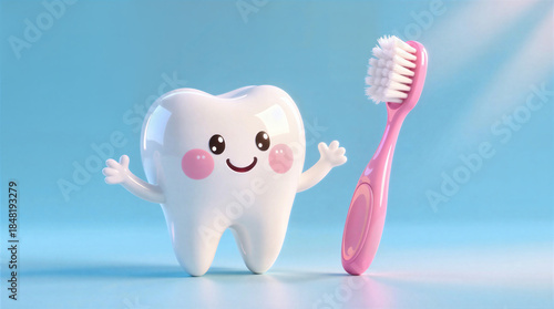 Personalized dental hygiene. A healthy white tooth with a toothbrush on a light blue background. AI generative.