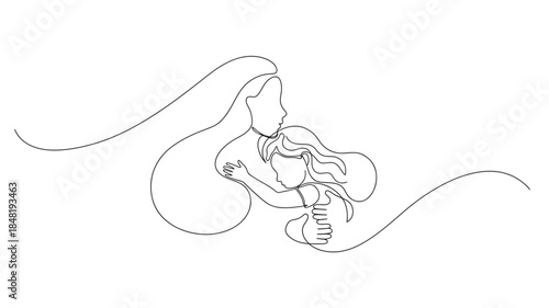 Elegant mother and baby outline drawing on transparent background silhouette