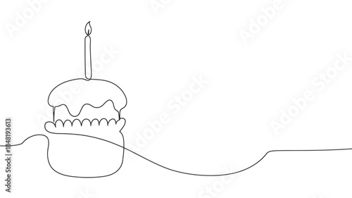 Minimalist single line drawing of a birthday cake with a lit candle on transparent background silhouette