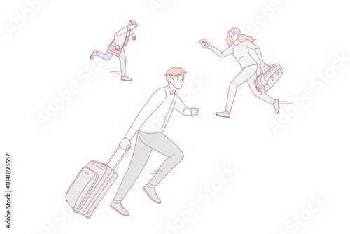 Anxious people with baggage running in airport not miss plane. Worried diverse men and women travelers with luggage rush in hurry for boarding at gate. Travel and tourism. Flat vector illustration.