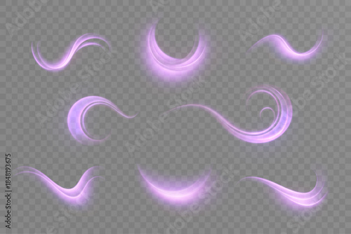 A set of glowing purple swirls and curved trails on a transparent dark background. A light effect for digital motion design, overlays, and abstract light effects for design and illustrations.