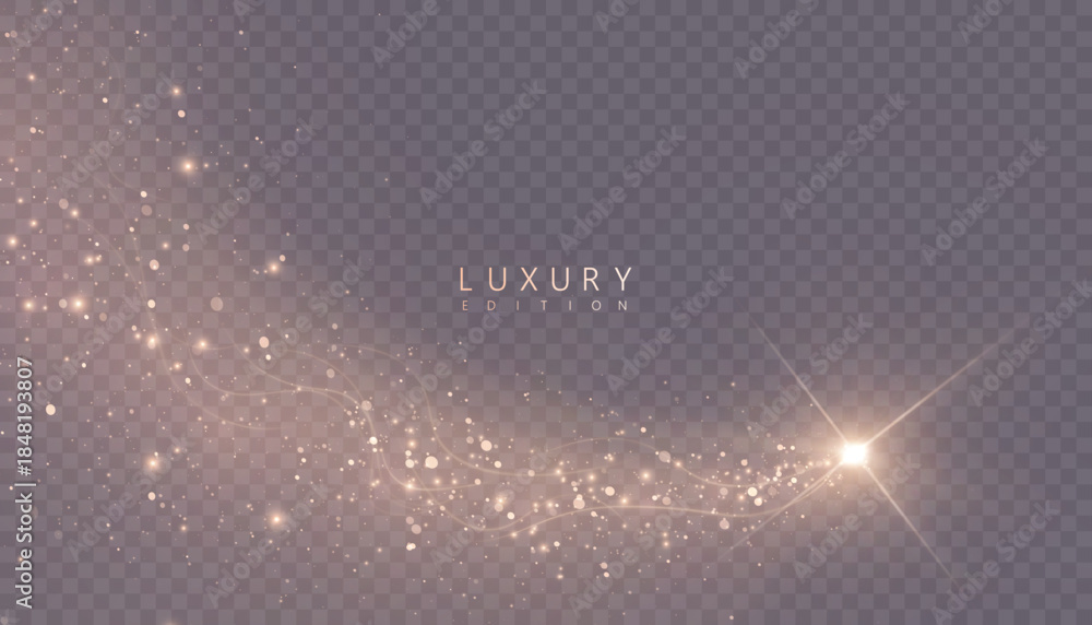 Naklejka premium A golden magical comet effect with multiple sparkling bokeh and shimmering light effects. A magical golden wind for web design and fairy tales. Vector. 