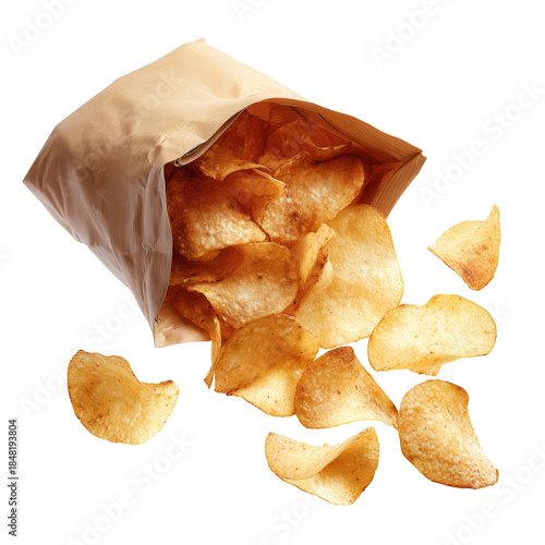 Snack Bag is Open With Potato Chips Spilled Onto a Surface in Bright Light