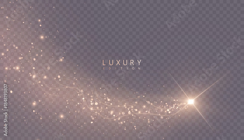 A golden magical comet effect with multiple sparkling bokeh and shimmering light effects. A magical golden wind for web design and fairy tales. Vector.	