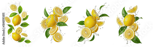 Lemon Citrus limon isolated on white background, falling lemon slices and leaves with water splashes, fresh citrus fruit