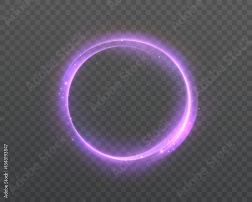 Purple glowing light circle with dynamic sparkling particles illuminates a transparent background, creating an abstract and energetic visual element for design projects