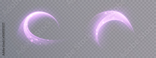 Vibrant purple glowing swirls and semicircular arcs with haze and flares for holiday and Christmas illustrations. Vector overlay effect isolated on a transparent light background.