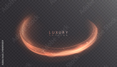 A golden, curved light trail with a soft glow on a transparent background. A vibrant, arched swirl with glittering highlights for overlays, titles, and abstract designs.	
