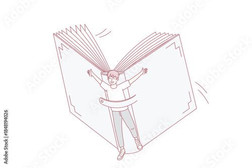 Smiling boy child flying on book explore new world reading literature. Happy kid discover horizons with fairytales or novels. Booklover, education and self-development concept. Vector illustration.