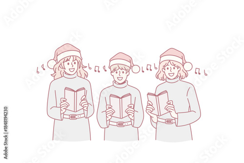 Gospel and Christmas celebration concept. Group of children teens in green sweaters and santa hats standing and singing traditional songs for holiday vector illustration