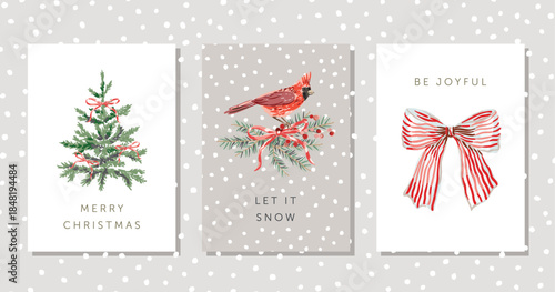 Christmas greeting cards template, text, white, beige background. Fir tree, cardinal bird, green twigs, red berries, bow, snow. Vector xmas illustration collection. Winter forest nature decor