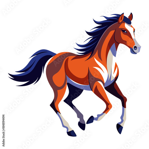 Brown Horse Running with Dark Blue Mane Vector Illustration