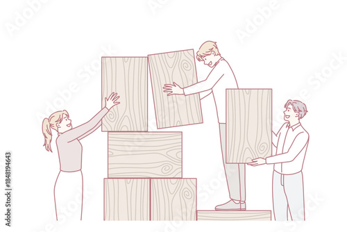 Businesspeople build tower with wooden blocks engaged in teambuilding activity together. Diverse employees involved in work, motivated for success. Business risk, teamwork. Vector illustration.